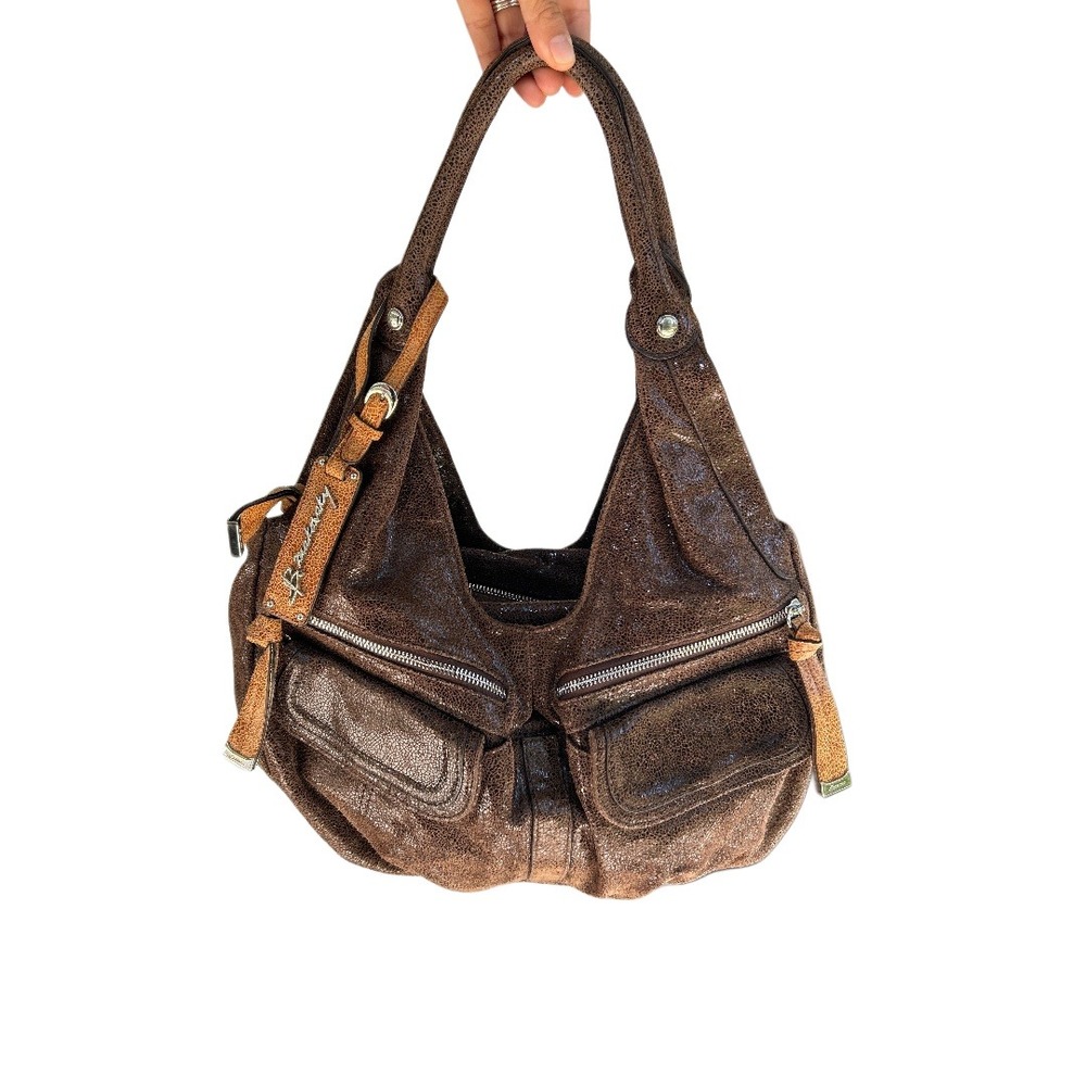 B. Makowsky Brown Metallic Leather Hobo Shoulder Slouch Bag Leopard Lining